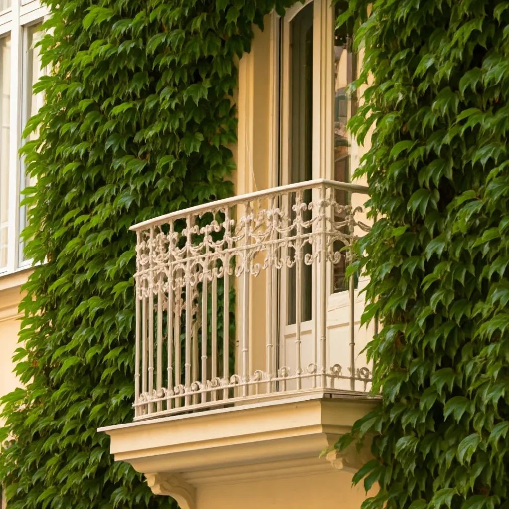 Balkon, balustrada, rośliny na ścianach domu