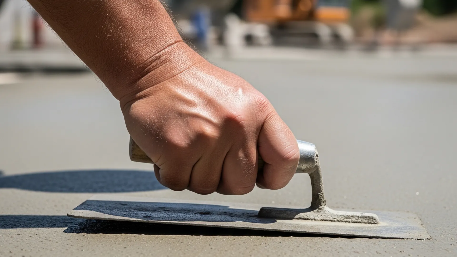Budowlaniec trzyma w ręku pacę i wygładza świeżo wylany beton