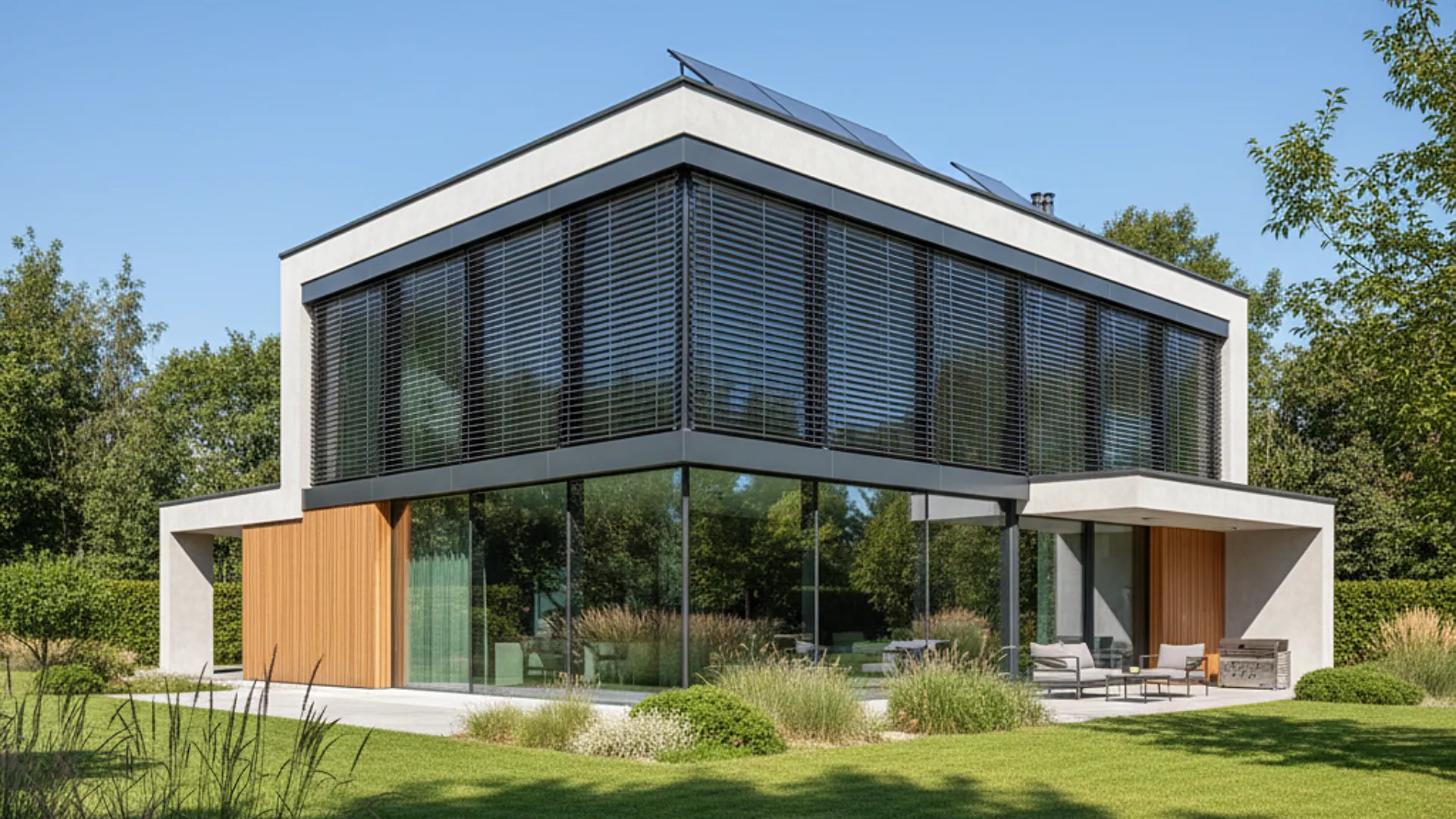 Duże przeszklenia wyposażone w żaluzje fasadowe w domu jednorodzinnym w Szczecinie